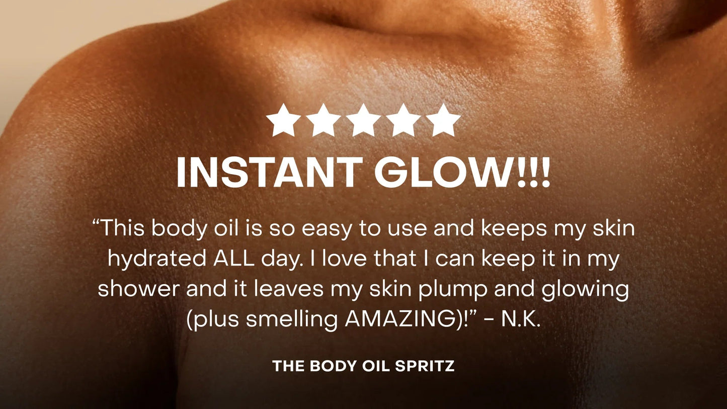 Close-up of a person's shoulder with text about a body oil product.