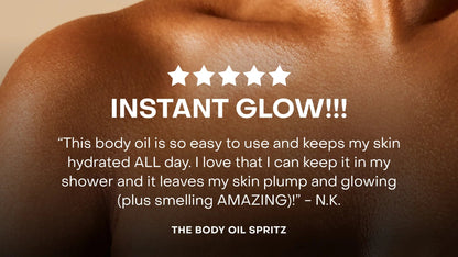 Close-up of a person's shoulder with text about a body oil product.
