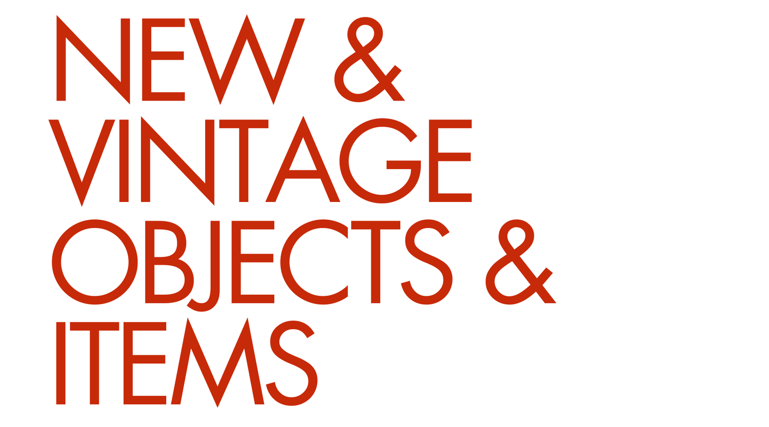 Text 'NEW & VINTAGE OBJECTS & ITEMS' in red on a white background